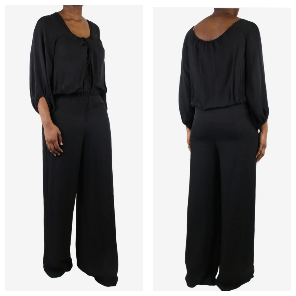 Halston Heritage Women's Black Silk Wide Legged Jumpsuit Lined Pockets Size 2.
